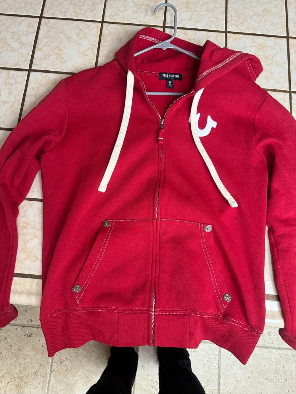 Men’s True Religion Buddha Red Full Zip Hoodie with White Logo (Small)